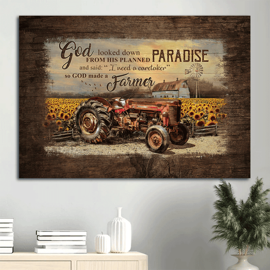 Farm Landscape Canvas - Old red truck, Sunflower field, Old barn Painting Landscape Canvas - Gift For Farmer - God need a caretaker so he made a farmer Landscape Canvas
