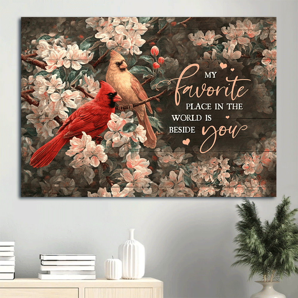 Couple Landscape Canvas - Pink flower garden, Cardinal, Watercolor cardinal Landscape Canvas -  Gift For Couple, Spouse, Lover - My favorite place in the world is beside you Landscape Canvas