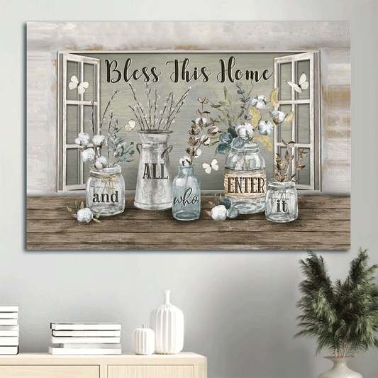 Jesus Landscape Canvas- Pretty cotton flower, Crystal vase, White butterfly canvas- Gift for Christian- Bless this home - Landscape Canvas Prints, Christian Wall Art