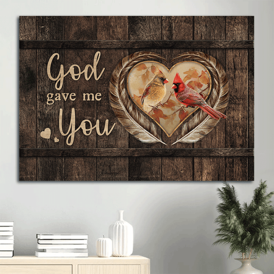 Jesus Landscape Canvas- Pretty feathers, Sweet heart, Cardinal painting - Gift for Christian- God gave me you - Landscape Canvas Prints, Christian Wall Art