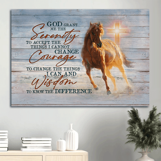 Jesus Landscape Canvas- Pretty horse drawing, Beach painting, Cross Light- Gift for Christian- God grant me the serenity - Landscape Canvas Prints, Christian Wall Art