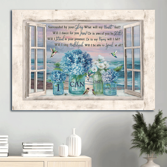 Jesus Landscape Canvas- Pretty hydrangea, Blue flower, Amazing sunset- Gift for Christian- I can only imagine - Landscape Canvas Prints, Christian Wall Art