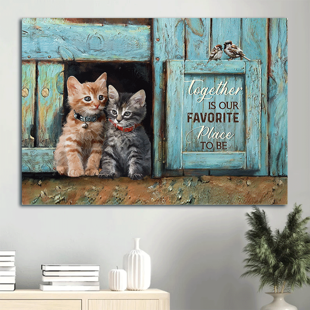 Cat Landscape Canvas- Pretty little cat drawing, Antique window- Gift for cat lover- Together is our favorite place to be - Landscape Canvas Prints, Wall Art