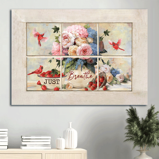 Jesus Landscape Canvas- Pretty rose, Fresh strawberry, Red cardinal, Just breathe canvas- Gift for Christian- Landscape Canvas Prints, Home Decor Wall Art