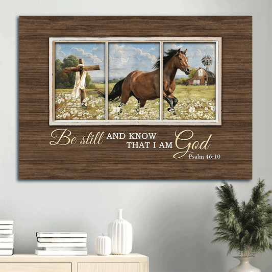Jesus Landscape Canvas- Quarter horse, White flower field, Blue sky- Gift for Christian- Be still and know that I am God - Landscape Canvas Prints, Christian Wall Art
