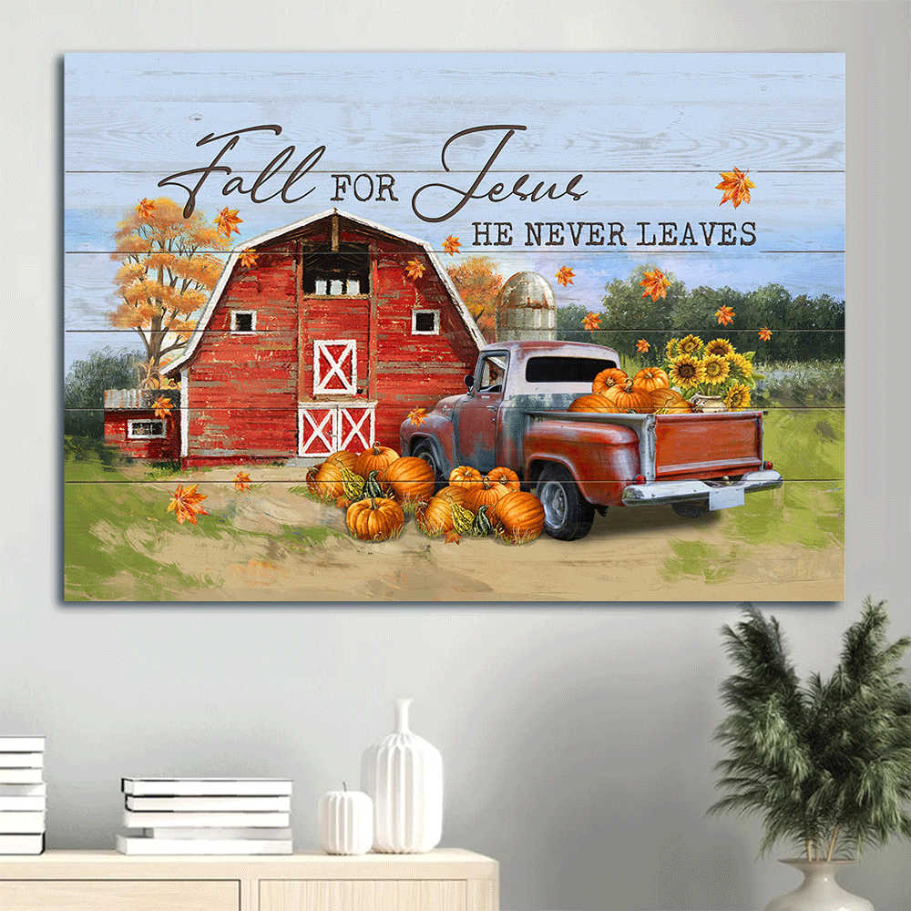 Jesus Landscape Canvas- Red barn, Pumpkins field, Lively countryside, Sunflower canvas- Gift for Christian- Fall for Jesus, he never leaves - Landscape Canvas Prints, Wall Art