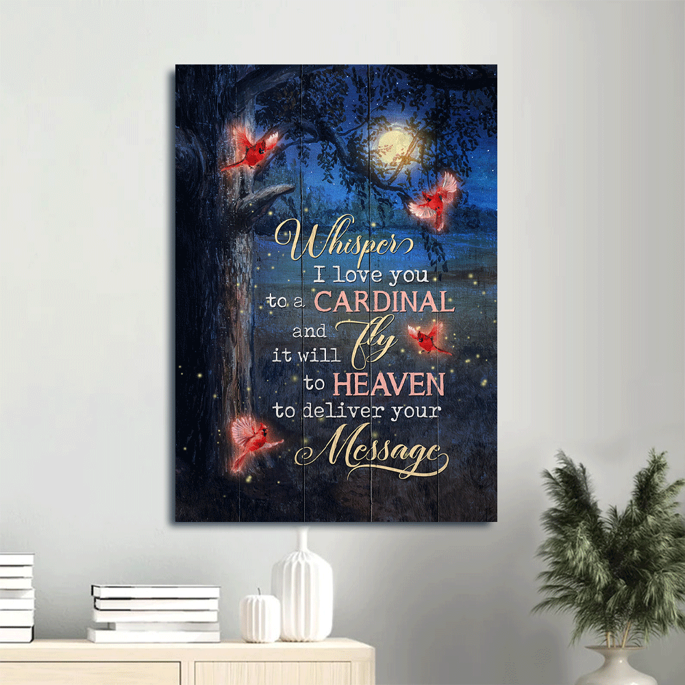 Memorial Portrait Canvas- Red cardinal, Beautiful moon, Amazing night painting- Memorial gift for family- Whisper I love you to a cardinal - Heaven Portrait Canvas Prints, Wall Art