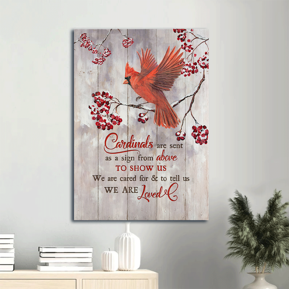 Memorial Portrait Canvas - Red cardinal, Frozen cranberry - Gift For Member Family - Cardinals are sent as a sign from above to show us we are loved - Heaven Portrait Canvas