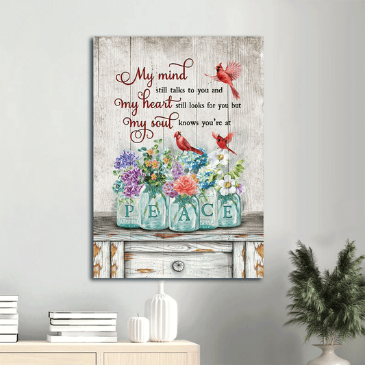 Memorial Portrait Canvas- Red cardinal painting, Charming flower vase, My soul knows you are at peace- Memorial gift for Christian - Heaven Portrait Canvas Prints, Wall Art