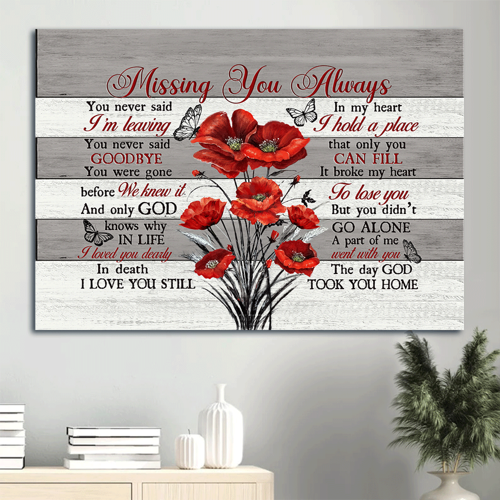 Memorial Landscape Canvas- Red poppy painting, Black butterfly- Gift for members family- The day God took you home - Heaven Landscape Canvas Prints, Wall Art