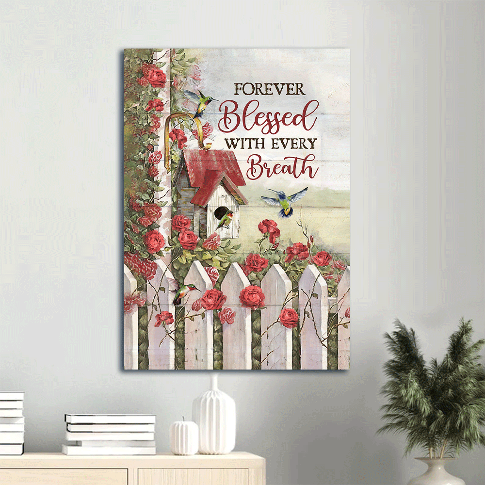 Jesus Portrait Canvas- Red rose garden, Colorful hummingbird, Birdhouse- Gift for Christian- Forever blessed with every breathe - Portrait Canvas Prints, Christian Wall Art