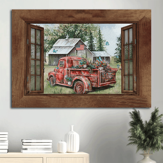 Jesus Landscape Canvas- Red truck painting, Green meadow, Vintage house, Blue butterfly- Gift for Christian - Farm Landscape Canvas Prints Wall Art