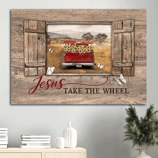 Jesus Landscape Canvas- Red truck painting, Window frame, Countryside landscape- Gift for Christian- Vintage village, Jesus take the wheel - Landscape Canvas Prints, Christian Wall Art