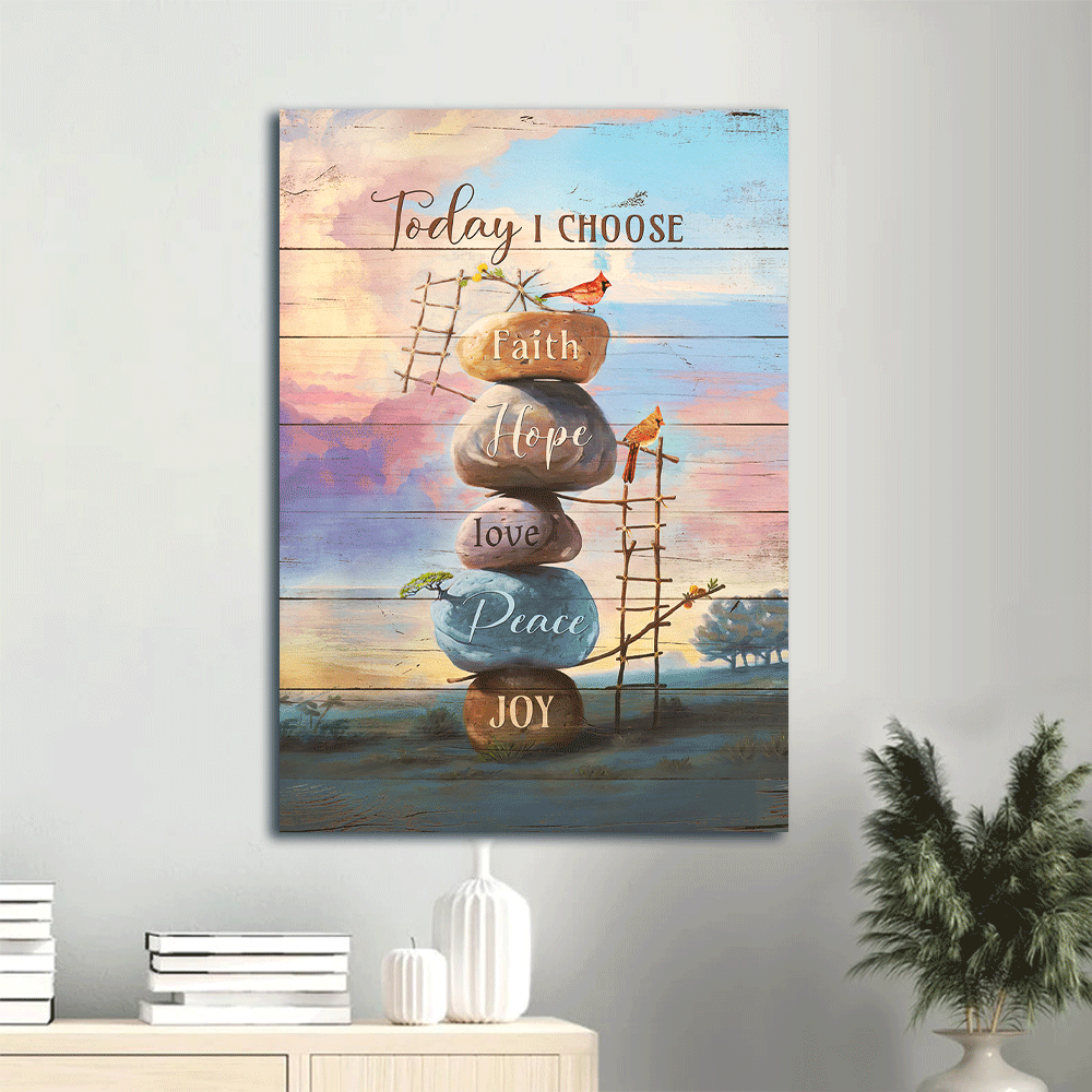 Jesus Portrait Canvas- Rock painting, Colorful sky, Red cardinal, Today I choose joy- Gift for Christian - Portrait Canvas Prints, Christian Wall Art