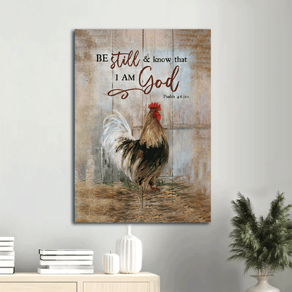 Jesus Portrait Canvas- Rooster chicken, Wooden background- Gift for Christian- Be still and know that I am God - Portrait Canvas Prints, Wall Art