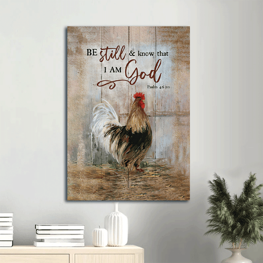 Jesus Portrait Canvas- Rooster chicken, Wooden background- Gift for Christian- Be still and know that I am God - Portrait Canvas Prints, Wall Art