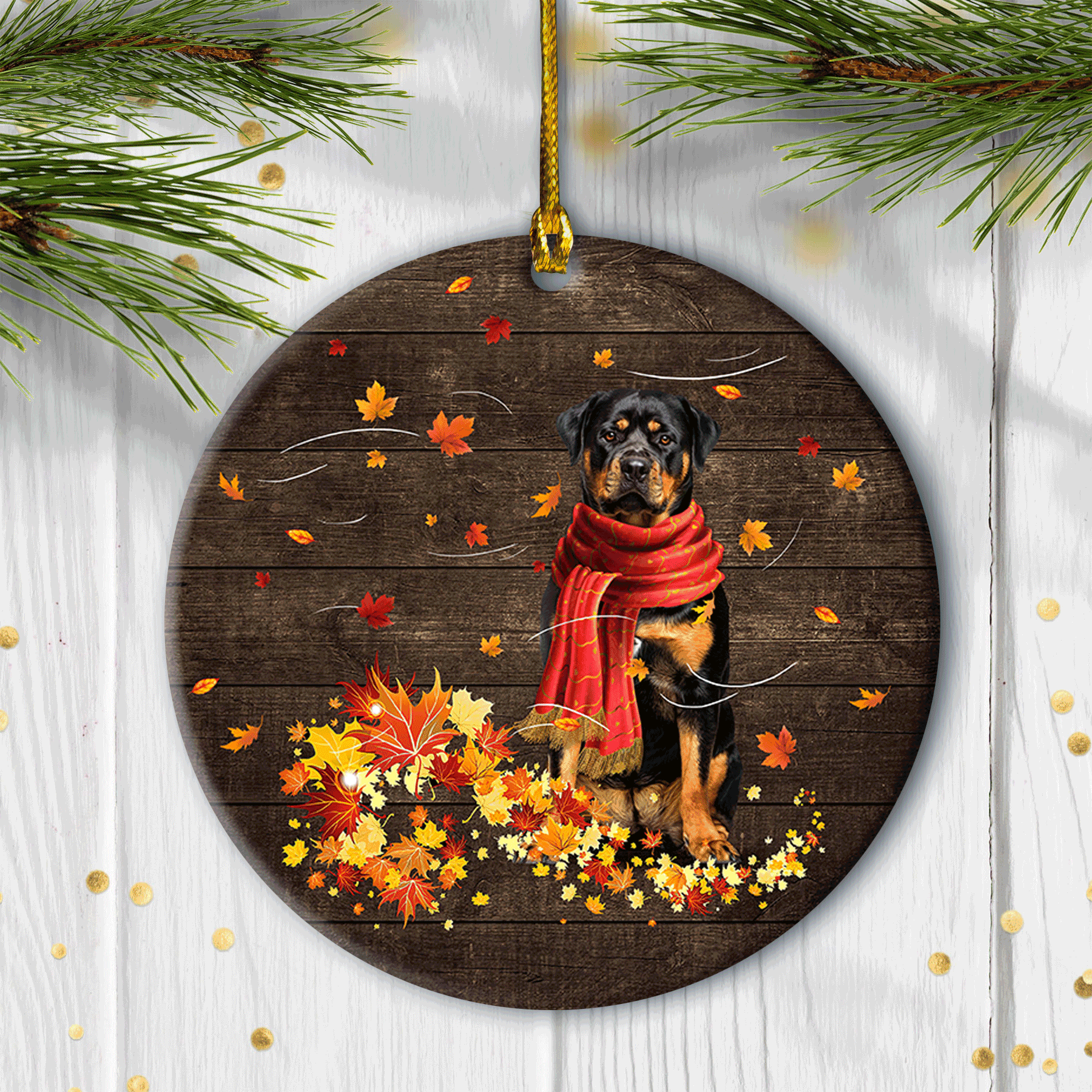 Rottweiler - Ceramic Circle Ornament - Beautiful Autumn - Rottweiler and the red leaves - Christmas Gift for Rottweiler Lover