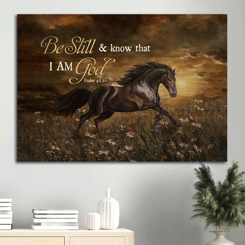 Jesus Landscape Canvas- Running horse, Daisy field, Dark cloud- Gift for Christian- Be still and know that I am God - Landscape Canvas Prints, Christian Wall Art