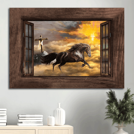 Jesus Landscape Canvas- Running horse, Orange sunset, Wooden cross- Gift for Christian- Way to heaven - Landscape Canvas Prints, Christian Wall Art