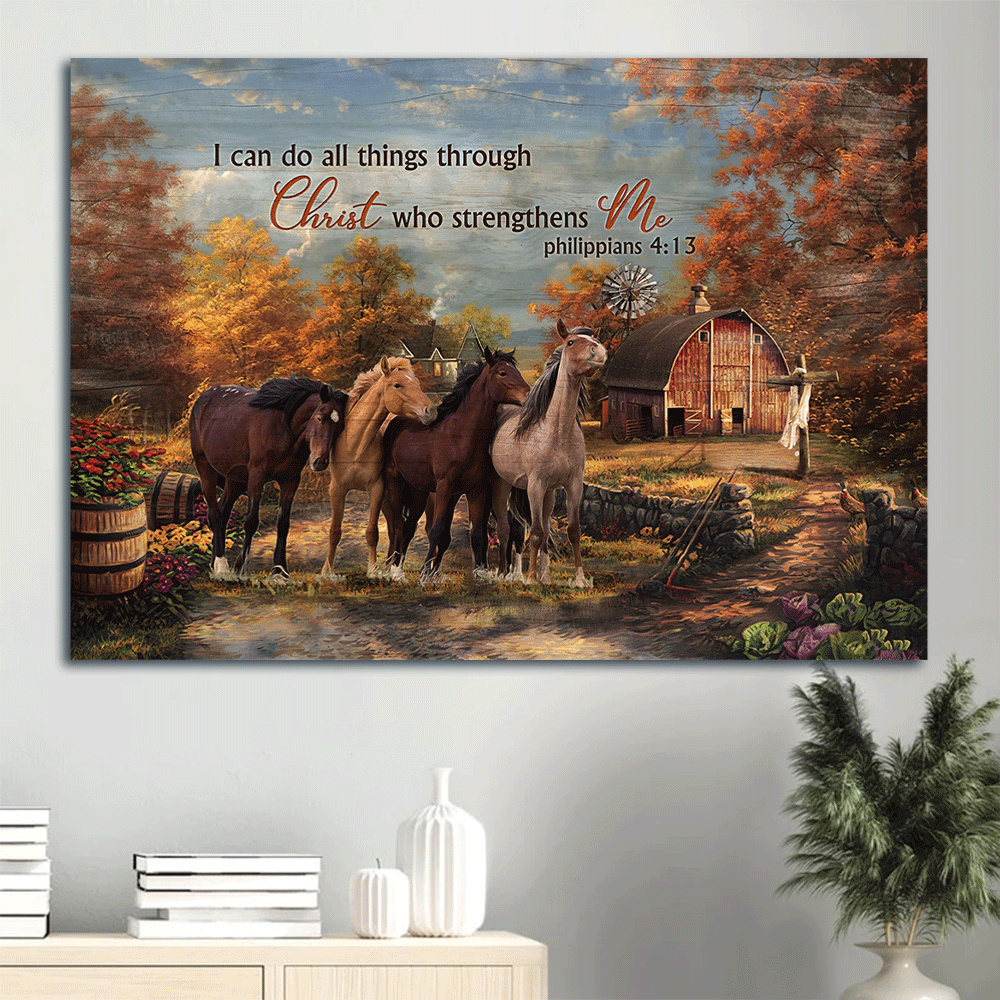 Jesus Landscape Canvas- Running horses, Autumn forest, Blue sky- Gift for Christian- I can do all things through Christ who strengthens me - Landscape Canvas Prints, Christian Wall Art