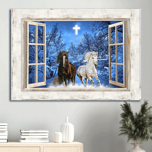 Jesus Landscape Canvas- Running horses, Blue night, Crystal cross, Winter forest canvas- Gift for Christian - Landscape Canvas Prints, Christian Wall Art