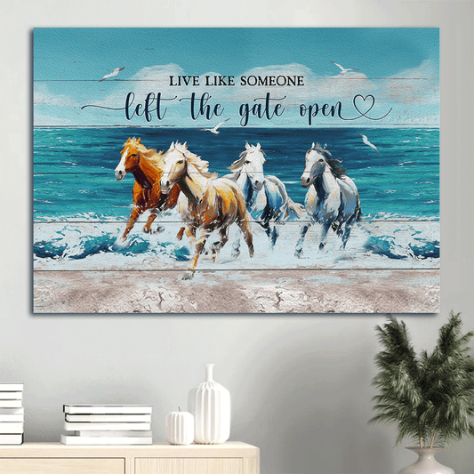 Jesus Landscape Canvas- Running horses, Blue ocean, Seagull canvas- Gift for Christian- Live like someone left the gate open - Landscape Canvas Prints, Christian Wall Art