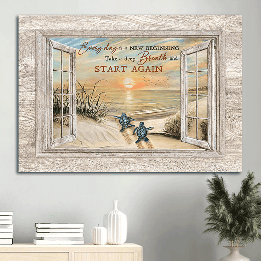 Jesus Landscape Canvas- Sea Turtle, Sunrise on the beach- Gift for Christian- Every day is a new beginning - Landscape Canvas Prints, Wall Art