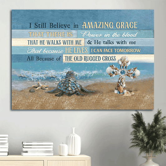 Jesus Landscape Canvas- Sea turtle, Ocean painting, Unique cross- Gift for Christian- I still believe in amazing grace - Landscape Canvas Prints, Christian Wall Art