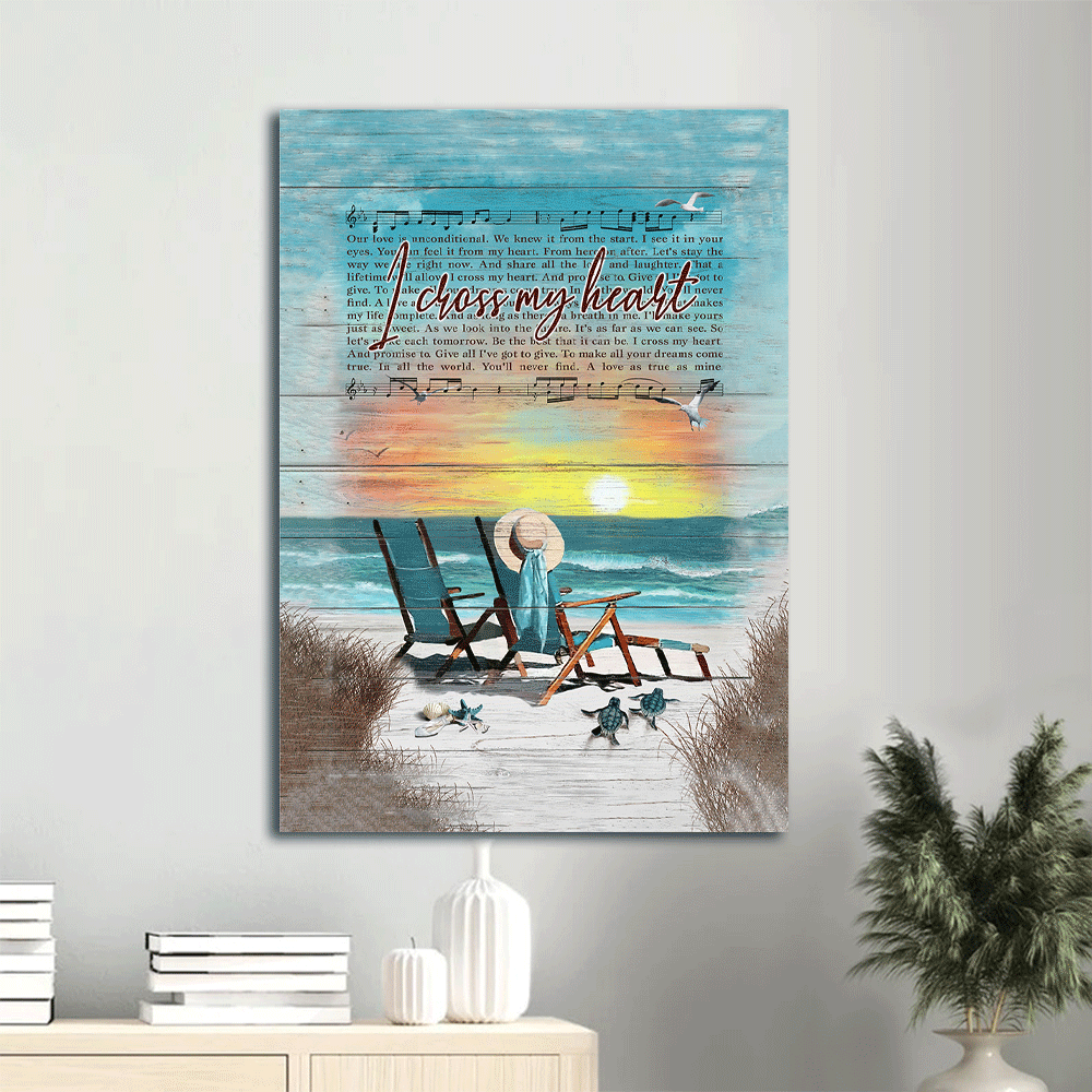 Couple Portrait Canvas- Sheet music, Wooden chair, Sunset painting- Gift for Couple, Lover- I cross my heart - Portrait Canvas Prints, Wall Art