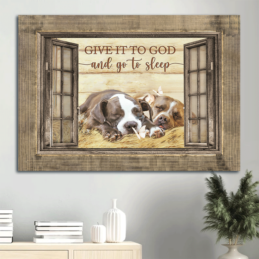Pit bull Landscape Canvas- Sleeping Pitbull, Window, White butterfly- Gift for dog lover- Give it to God and go to sleep - Landscape Canvas Prints, Wall Art