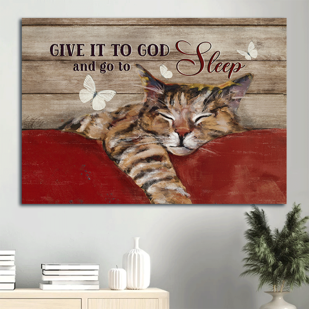 Jesus Landscape Canvas- Sleeping cat, Sweet drawing, Butterfly- Gift for Christian- Give it to God and go to sleep - Landscape Canvas Prints, Christian Wall Art