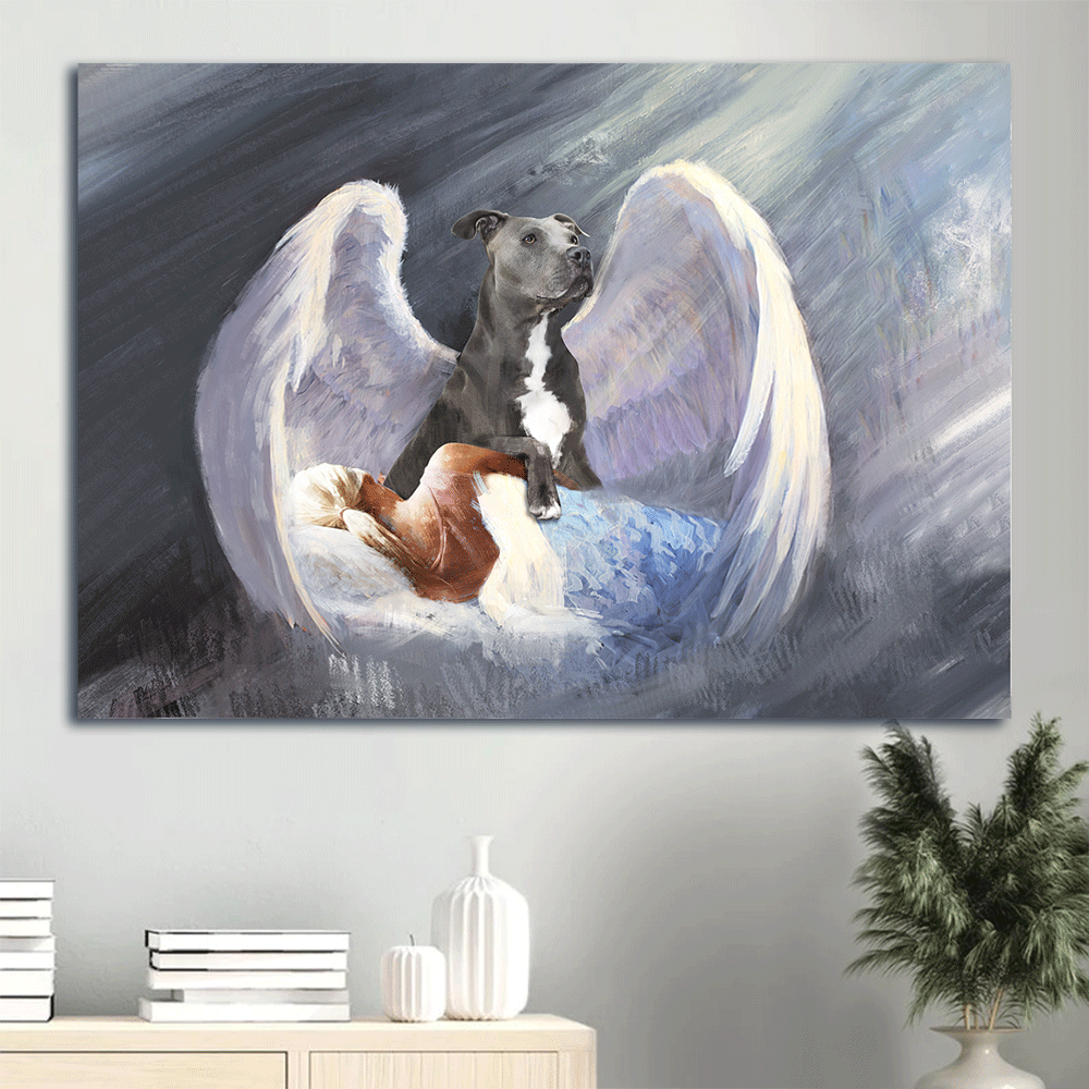 Pit bull Landscape Canvas- Sleeping girl, Pit bull, Beautiful Wings, I'll protect you- Gift for Pit bull lover - Landscape Canvas Prints, Wall Art
