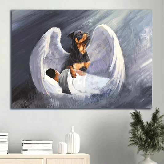 Rottweiler Landscape Canvas- Sleeping man, Rottweiler, Beautiful Wings, I'll protect you - Gift for dog lover- Dog Landscape Canvas Prints, Wall Art