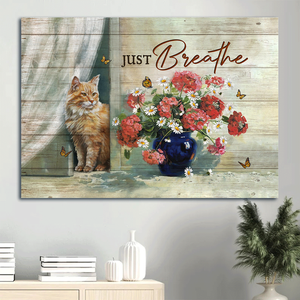 Jesus And Cat Landscape Canvas - Stunning Flower Painting, Monarch Butterfly, Adorable Maine Coon Canvas - Gift For Christian, Cat Lovers - Just Breathe