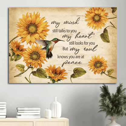 Memorial Landscape Canvas - Heaven, Sunflower Pattern, Colorful Hummingbird Canvas - Memorial Gift For Family Members - My Soul Knows You Are At Peace