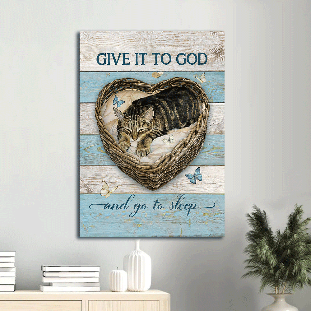 Jesus And Cat Portrait Canvas - Sweet Dream, Little Cat, Blue Butterfly Canvas - Gift For Christian, Cat Lovers - Give It To God And Go To Sleep Canvas