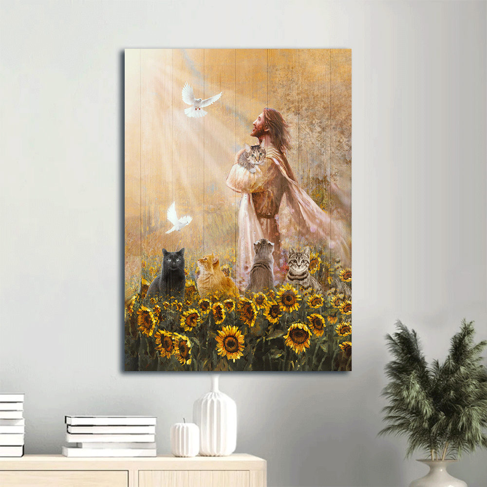 Jesus And Cat Portrait Canvas - The Real Face Of Jesus, Little Cat, Sunflower Garden, Dove Drawing Canvas - Gift For Christian, Cat Lovers