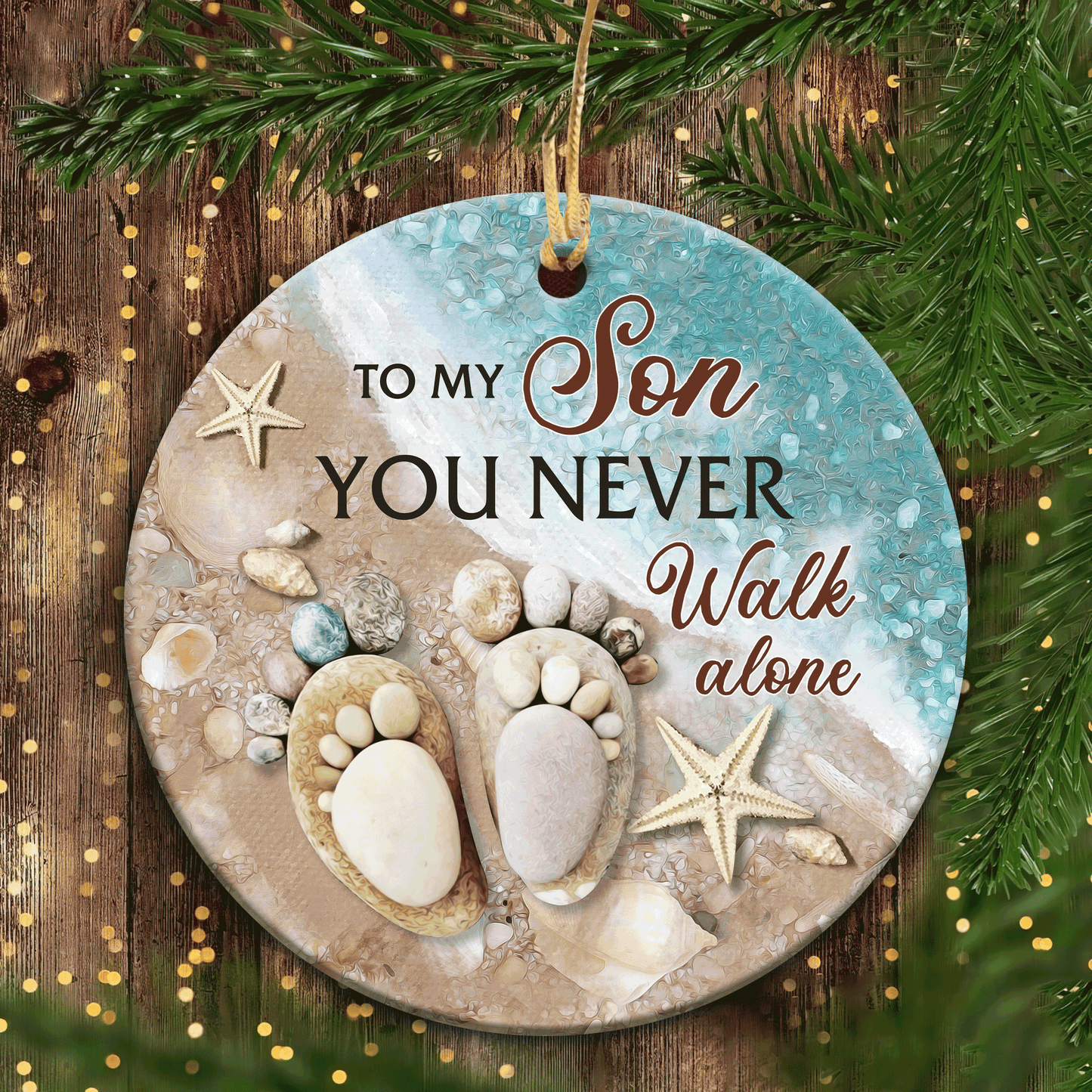 Christmas Gifts, Birthday Gifts For Son, Family Ceramic Ornaments, Pebble Footprint On Beach Ornaments, You Never Walk Alone