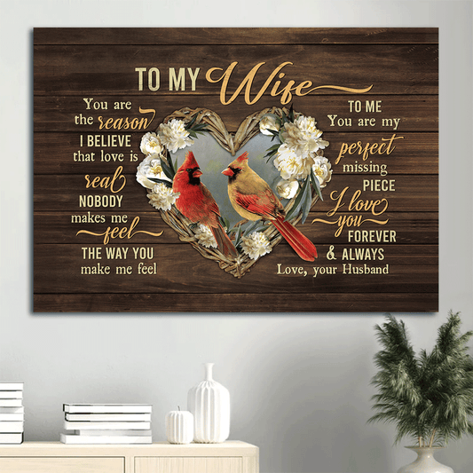 Gift For Wife Landscape Canvas - To My Wife, Perfect Cardinal Couple, Lovely Floribunda Canvas - Valentine's Day Gift For Couple, Spouse, Lover - You Are My Perfect Missing Piece - Family Canvas