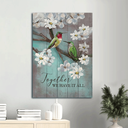 Couple Portrait Canvas- Hummingbird couple, Tree branch, White flower canvas- Gift for couple, lover, partner- Together we have it all - Portrait Canvas Prints, Wall Art