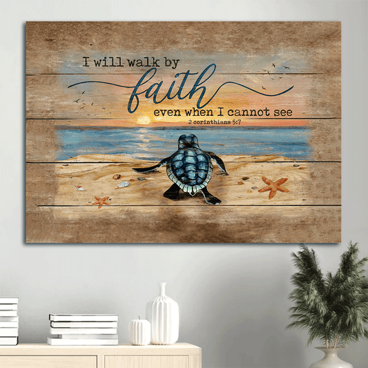 Jesus Landscape Canvas- Sea turtle painting, Sand beach- Gift for Christian- I will walk by faith - Landscape Canvas Prints, Wall Art
