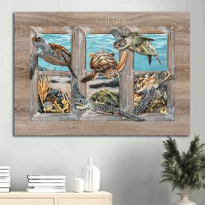 Turtle Landscape Canvas - Turtle Painting, Window Frame, Ocean World Canvas - Gift For Christian - Beautiful Coral Reef Canvas