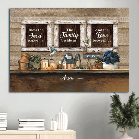 Jesus Landscape Canvas - Vintage Kitchen, Hummingbird Canvas - Gift For Christian - Bless The Food Before Us Canvas