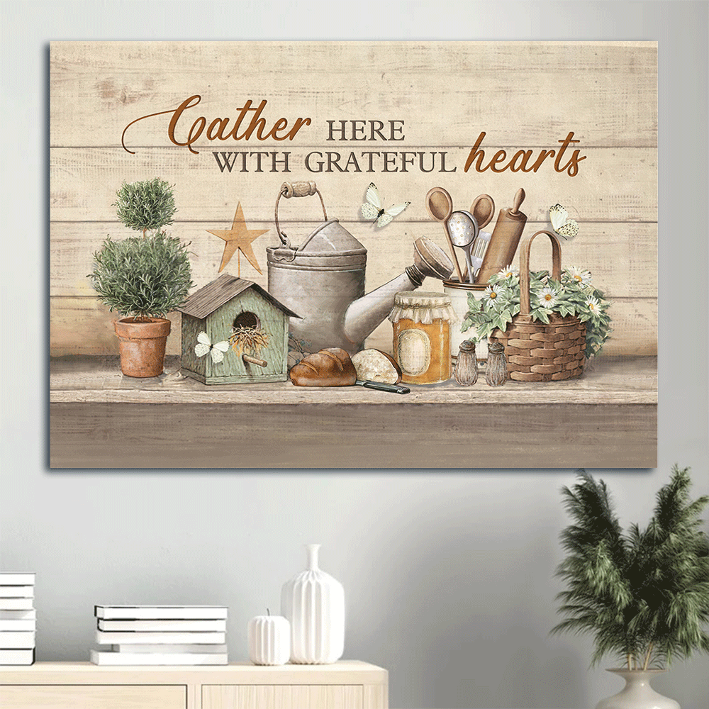 Jesus Landscape Canvas - Vintage Kitchen, Peaceful Drawing Canvas - Gift For Christian - Gather Here With Grateful Hearts Canvas
