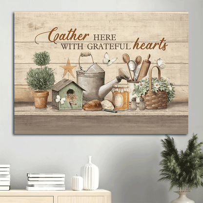 Jesus Landscape Canvas - Vintage Kitchen, Peaceful Drawing Canvas - Gift For Christian - Gather Here With Grateful Hearts Canvas