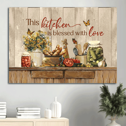 Jesus Landscape Canvas - Vintage Kitchen, Yellow Flower, Fresh Tomato Canvas - Gift For Christian - This Kitchen Is Blessed With Love Canvas