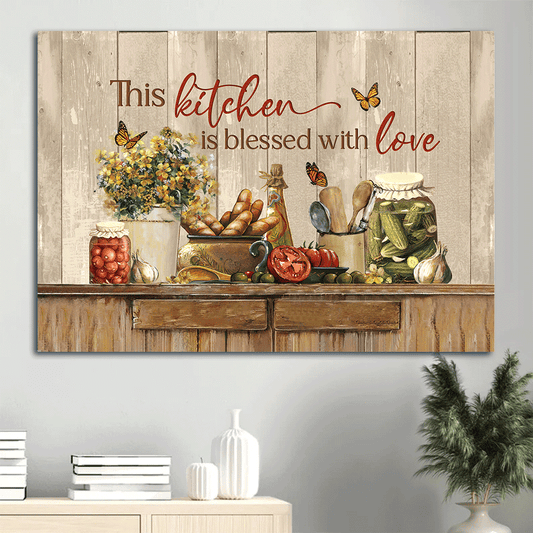 Jesus Landscape Canvas - Vintage Kitchen, Yellow Flower, Fresh Tomato Canvas - Gift For Christian - This Kitchen Is Blessed With Love Canvas