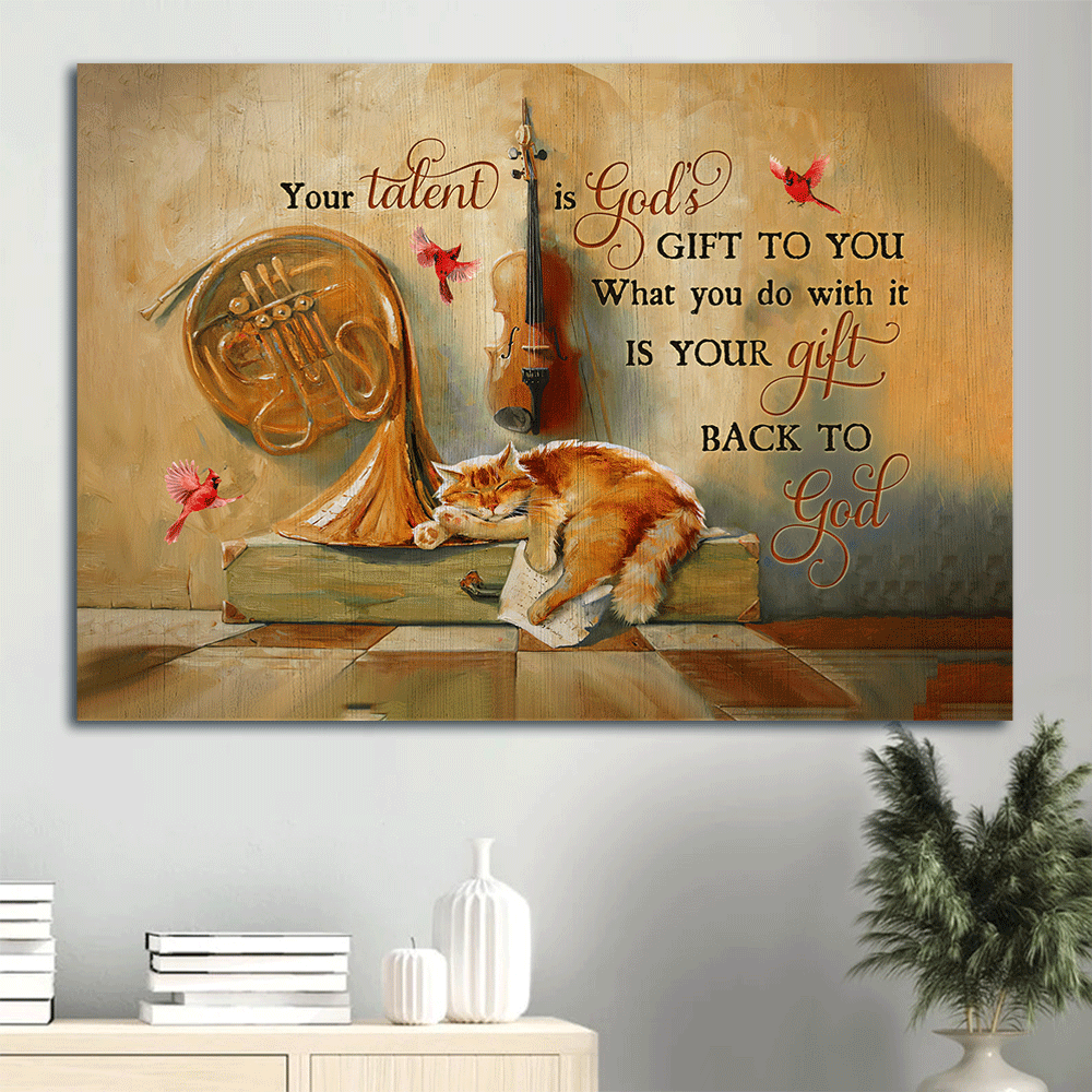 Jesus And Cat Landscape Canvas - Vintage Violin, Sleeping Cat, Red Cardinal Canvas - Gift For Christian, Cat Lovers - Your Talent Is God's Gift To You