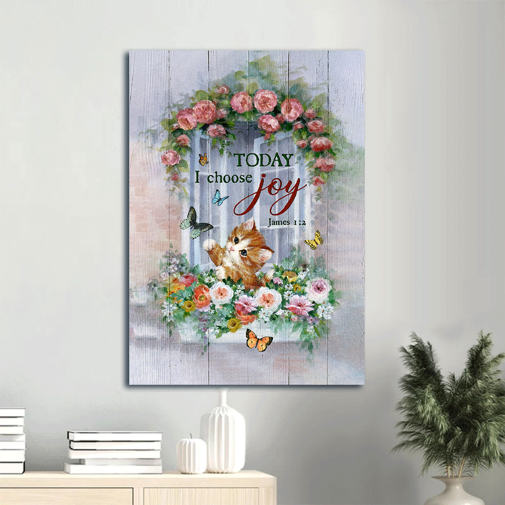 Jesus And Cat Portrait Canvas - Vintage Window Flower Box, Colorful Butterflies, Cute Kitten Canvas - Gift For Christian, Cat Lovers - Today I Choose Joy Canvas