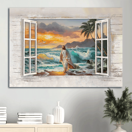 Jesus Landscape Canvas - Walk With Jesus, Sunset On The Beach, The Beautiful Sea, Window Frame Canvas - Gift For Christian